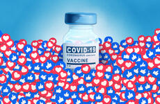 Image of a covid vaccine vial and hearts and thumbs-up to illustrate vaccine acceptance