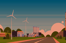 Graphic depicting clean energy and clear skies along a suburban road