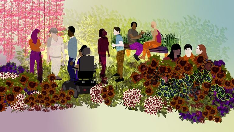 Illustration of a diverse group of people gathering outdoors and having conversations