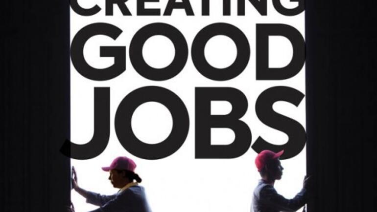 Cover of the book Creating Good Jobs, showing the title and two workers opening a door