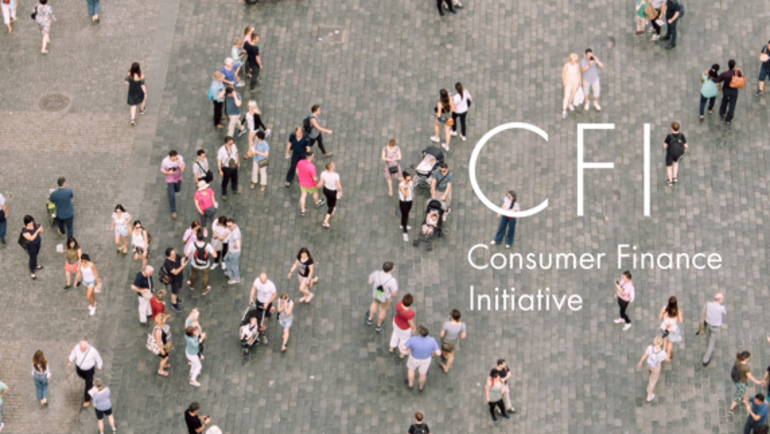Birdseye view of a crowd of people with Consumer Finance Initiative logo over it