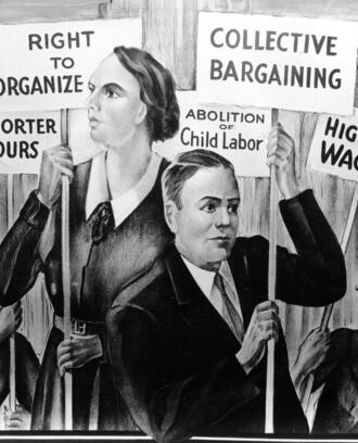 Union organizing poster. Mural of workers holding placards