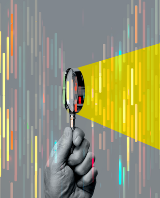 A magnifying glass looking through data 