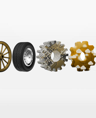 An illustration of the progression of a wheel made from stone to wood to rubber tire to circuit board to cloud computing to a cogwheel with a robot hand 