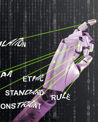 A robotic hand is pulled and controlled by the words: "law," "guideline," "rule," "constraint," "standard," and "ethic."