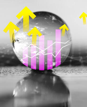 Various data analytics graphics overlayed on a glass ball