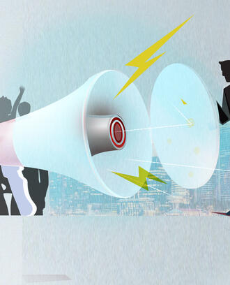 An illustration of a large megaphone generating noise from a crowd of people to a business person