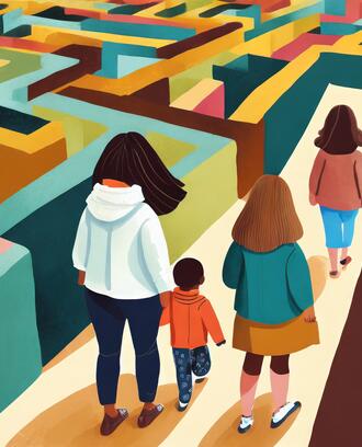 illustration of three women, one with a small child, navigating through a maze