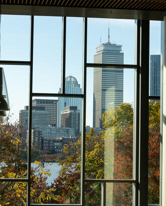 Boston skyline through a campus window