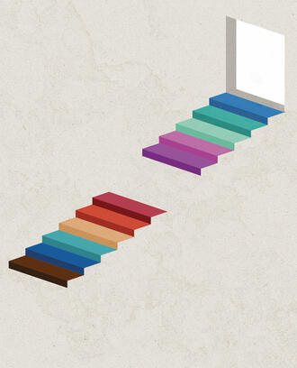 A colorful staircase that leads to an open door is broken in the middle