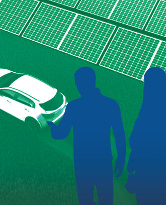 A group of people look at rows of solar panels and an electric vehicle