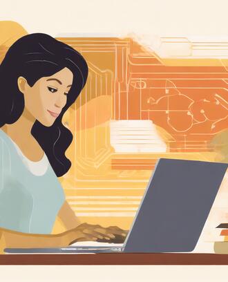 image of a woman working at a laptop, near books and with circuitry images in the background, meant to suggest AI