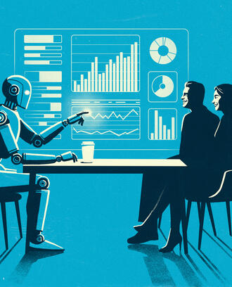 A robot presents financial charts to a couple