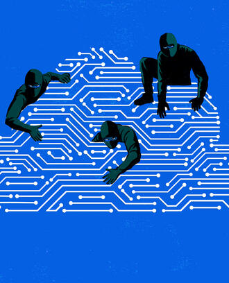 An illustration of a cloud made of circuit board with 3 ninjas climbing on it