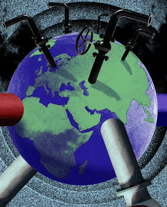 Edited image showing the globe with oil pipelines coming out of it