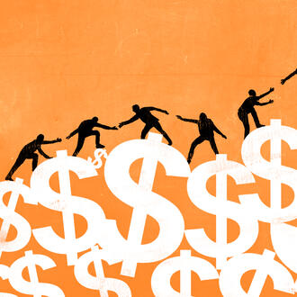 people in silhouette helping one another climb up a mountain of dollar bill signs