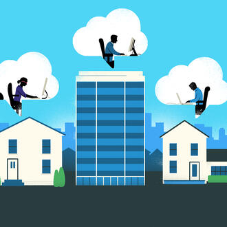 illustration of desk workers at their computers while hovering above buildings in a cloud