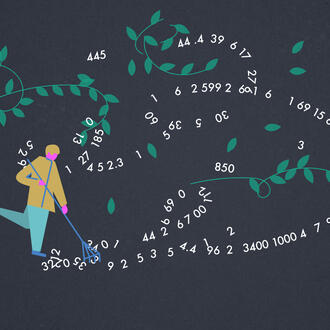 An illustration of a person raking in data and leaves flying everywhere