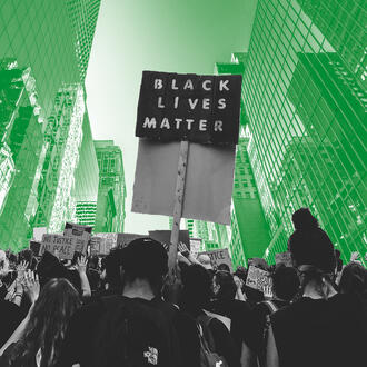 A Black Lives Matter rally amongst tall financial skyscrapers illustrated in green