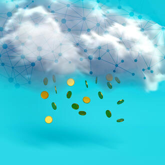 An illustration of a cloud covered in network data lines that is raining gold coins