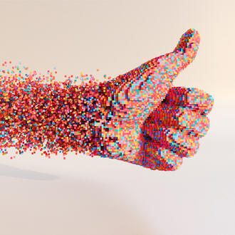 A thumbs up comprised of algorithmic data blocks
