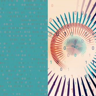 half of an image is covered in random binary code, while the other half is a beautiful, circular algorithm of data