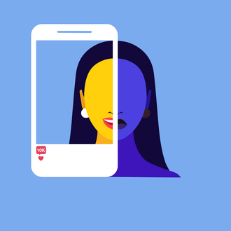 An illustration of a person's profile inside a mobile phone - happy in the social media profile inside the phone, but unhappy when not inside the phone 