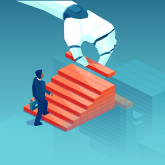 An illustration of a robot laying stairs down for a business person to walk