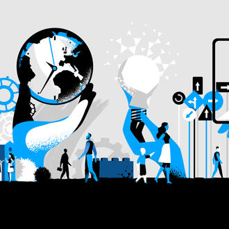 An innovation ecosystem with iconic imagery such as gears, lightbulb, smart device, and globe amongst people