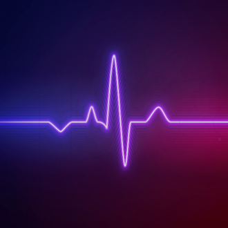 Stylized blue, purple, and red ECG reading on black background