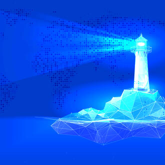 A digital lighthouse shines a ray of light over a world map