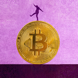 Illustration of a person balancing on top of large bitcoin