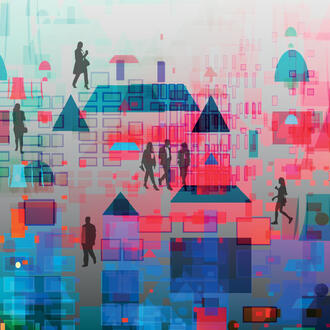 An abstract city with silhouettes of people