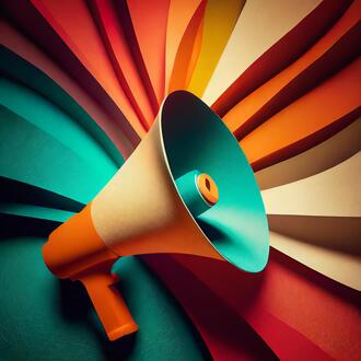Image of a megaphone against a multicolored background