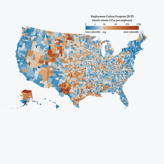 A map that shows employment vulnerability to the energy transition (E-VET) by measuring the employment carbon footprint (ECF) of U.S. counties