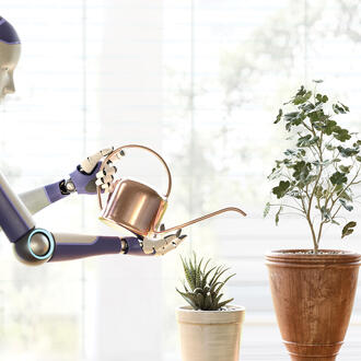 A robot waters house plants
