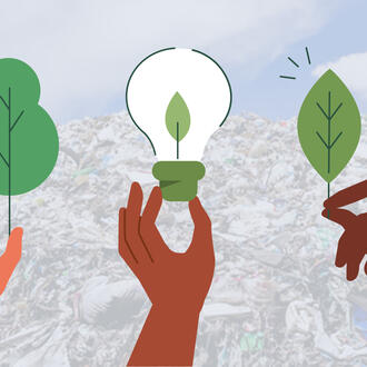Three hands holding a tree, a lightbulb with a leaf, and a leaf amongst a background of trash