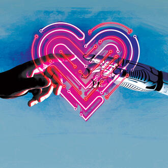 A human hand and a robot hand touch a digital heart made of network lines