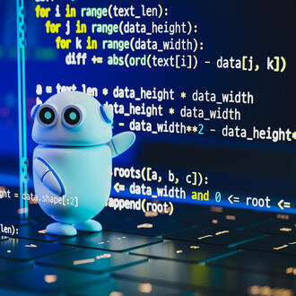 Small, 3D white round chatbot pointing at code on computer screen