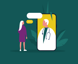 woman speaking with a doctor inside a smartphone, representing telemedicine telehealth