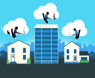 illustration of desk workers at their computers while hovering above buildings in a cloud