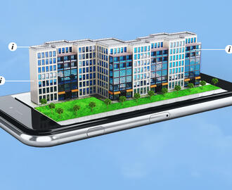 Modern city with landscaping on top of a cellphone, representing property technology or proptech