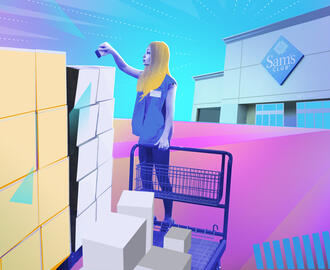 A fun and vibrant photo illustration of a Sam's Club employee stocking packages