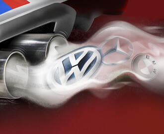 Car engine blowing out exhaust and the logos of BMW, Daimler, and Volkswagen can be seen through the smoke