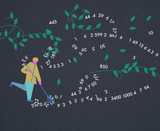 An illustration of a person raking in data and leaves flying everywhere