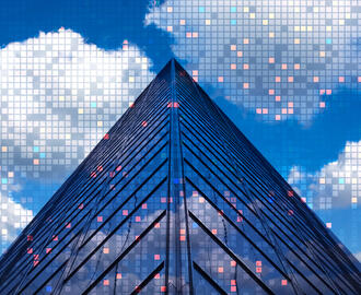 The top of a skyscraper meets a cloudy sky, all covered in pixel and digital imagery