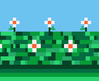 A series of flowers made up of pixels sprouting up from pixels