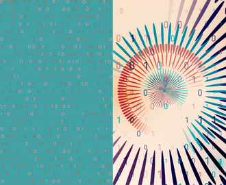half of an image is covered in random binary code, while the other half is a beautiful, circular algorithm of data