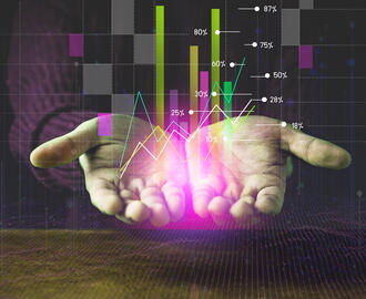 Hands holding a series of data visualizations