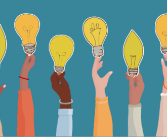 Illustration with the arms of diverse people holding up lightbulbs.